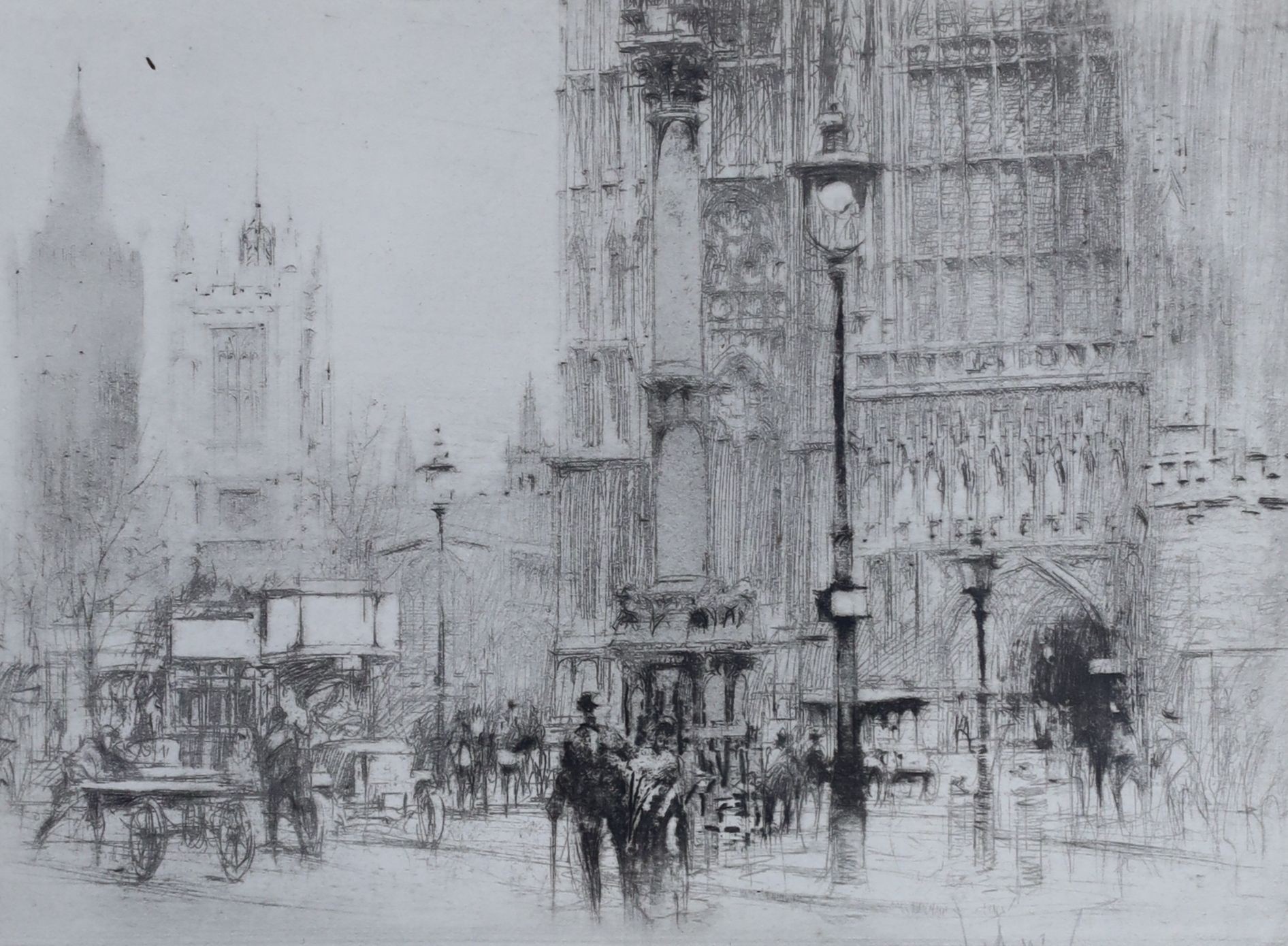 William Walcot (1874-1943), five dry point etchings: Westminster Abbey, Charring Cross, Ludgate Hill, London, Hadrian entering Salonica, signed in pencil, 9 x 12.5cm